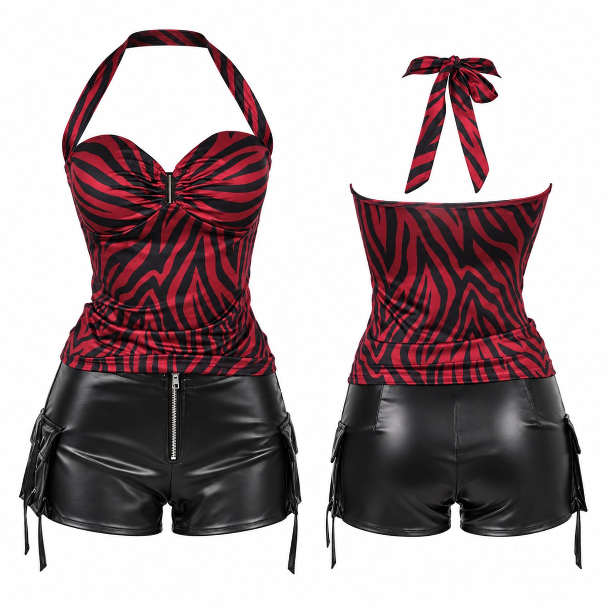 Red & Black Striped Halter Costume Top
